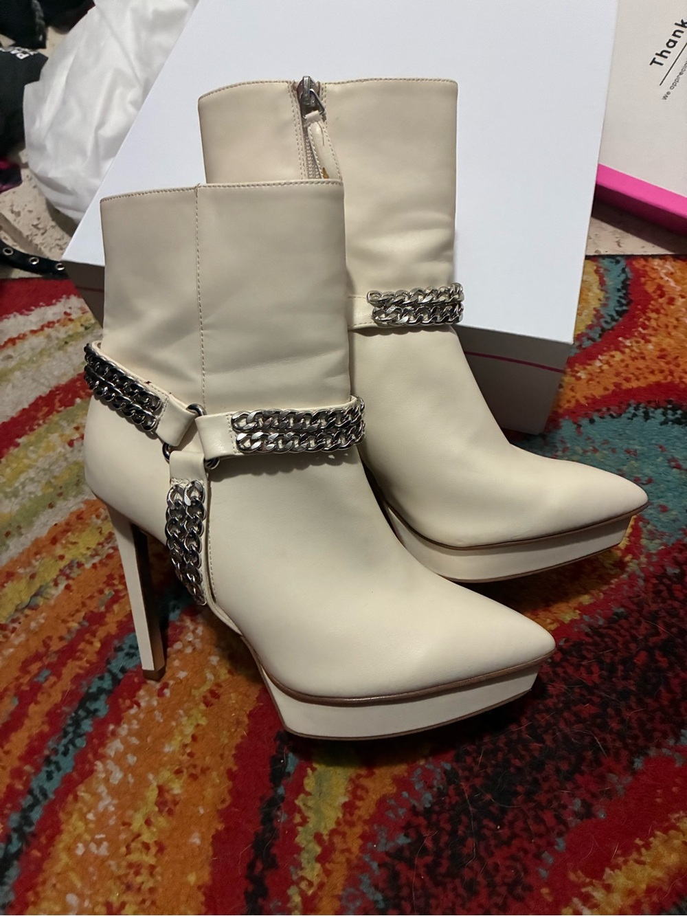 Jennifer Lopez Cream Platform Chain-Trim Ankle Boots